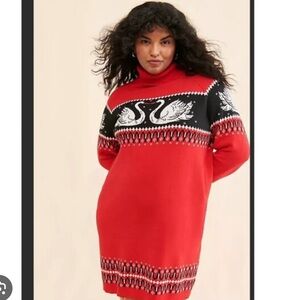 Rachel Antonoff Red and Black Swan Turtleneck Sweater Dress
